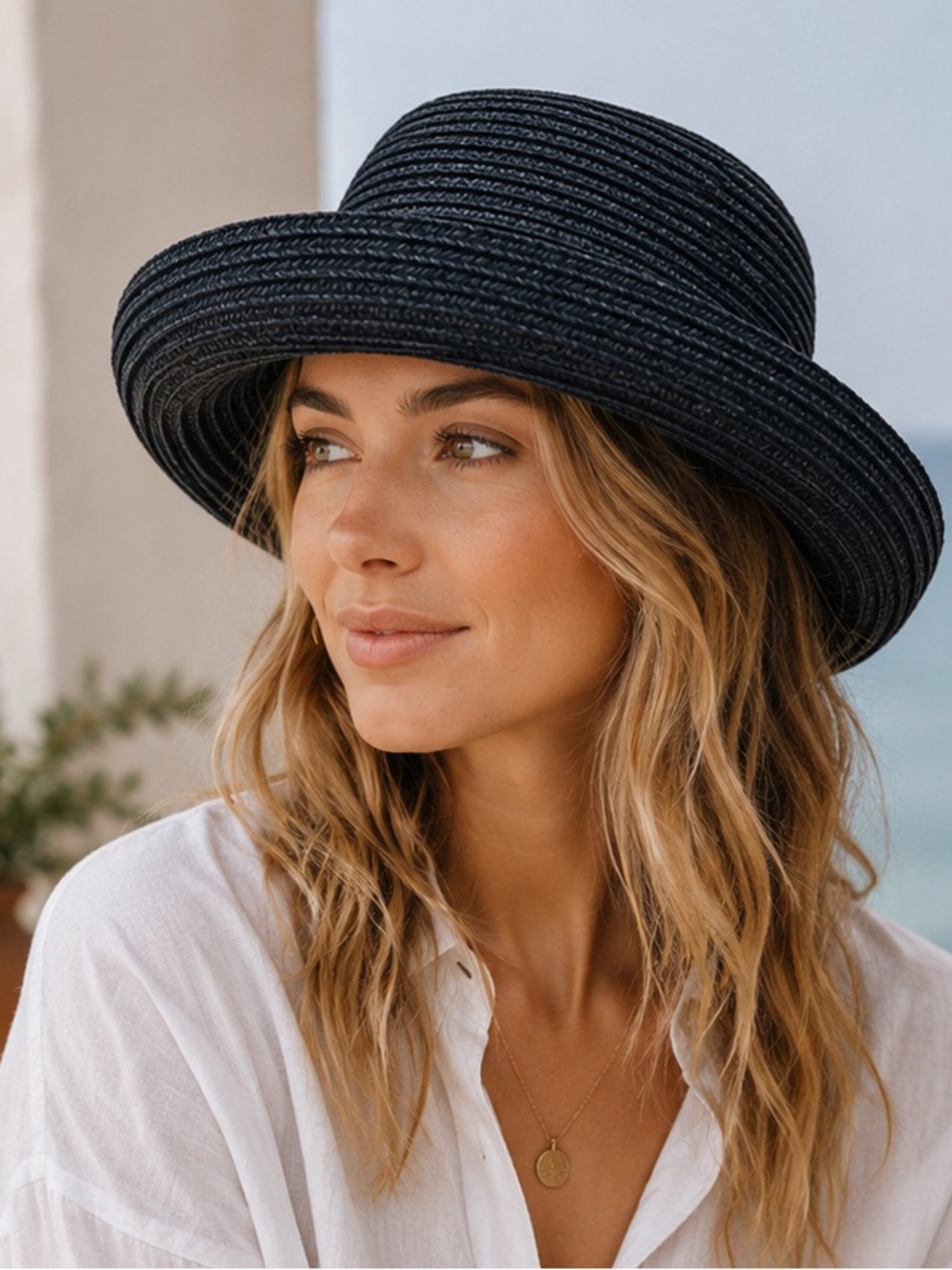 Chico's Navy Blue Black Woven Straw Sun Hat Kettle Brim Classic